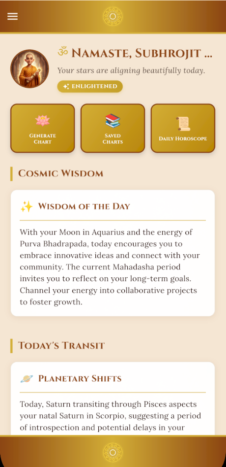 Jyotish AI Home Screen - Personalized Daily Horoscope